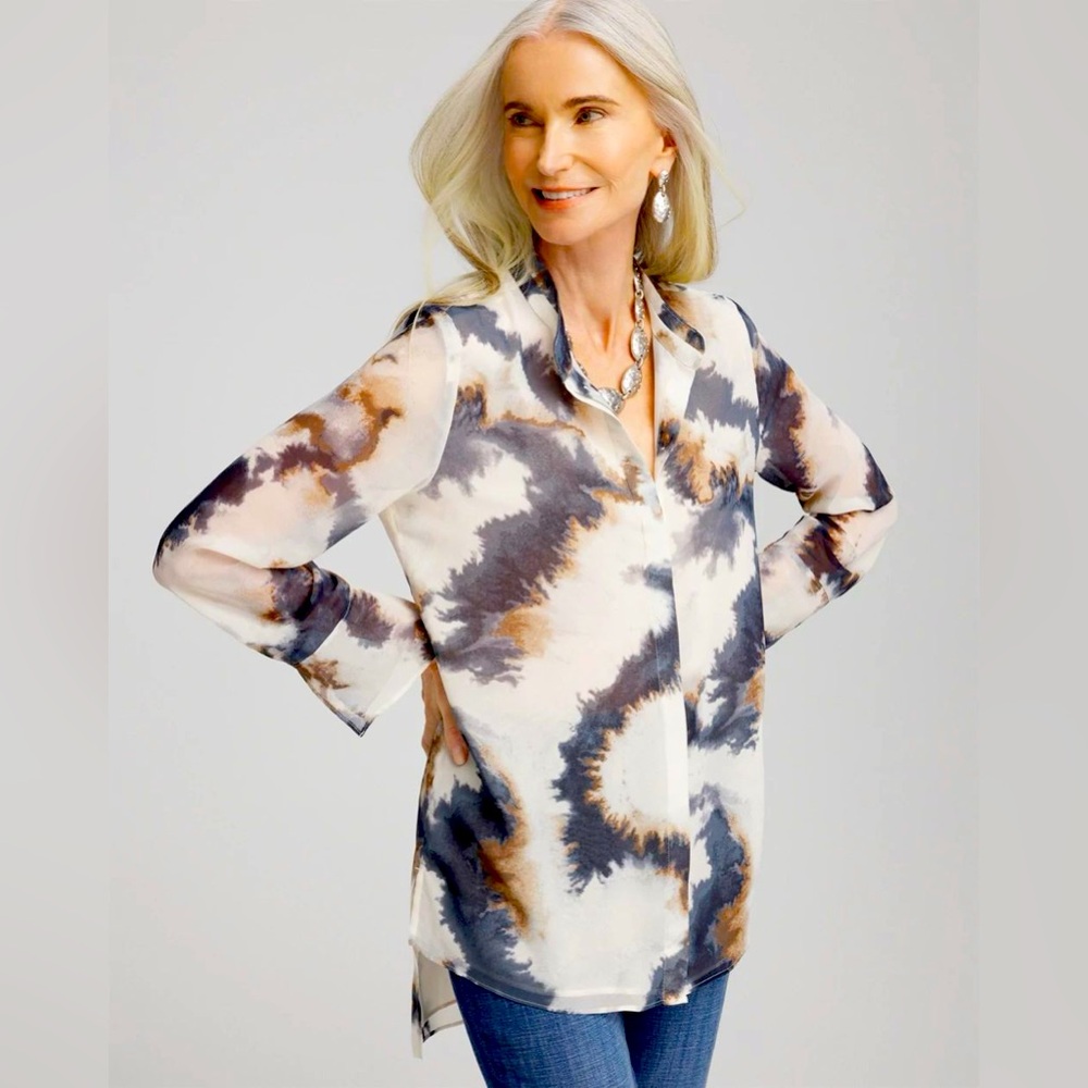 Chico's Tie-Dye Print Button-Down Shirt in White, Gray, Brown Size 3